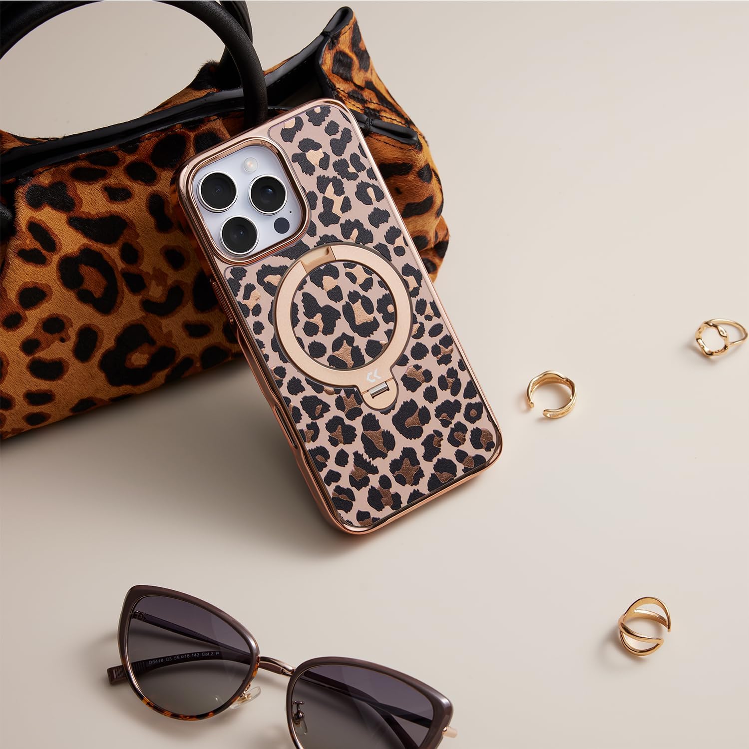 Gold Leopard for iPhone Case with 360° Spin Magnetic Stand [Compatible with MagSafe] [16FT Military Drop Protection] - Gold Leopard