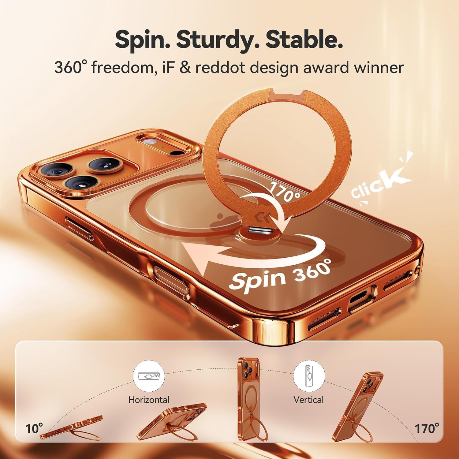 Cosmic Orange Glossy for iPhone Case [360 Spin Magnetic Stand][Fit for MagSafe][17FT Military Protection] Slim Polished Frame Titanium Alloy Sturdy Stand
