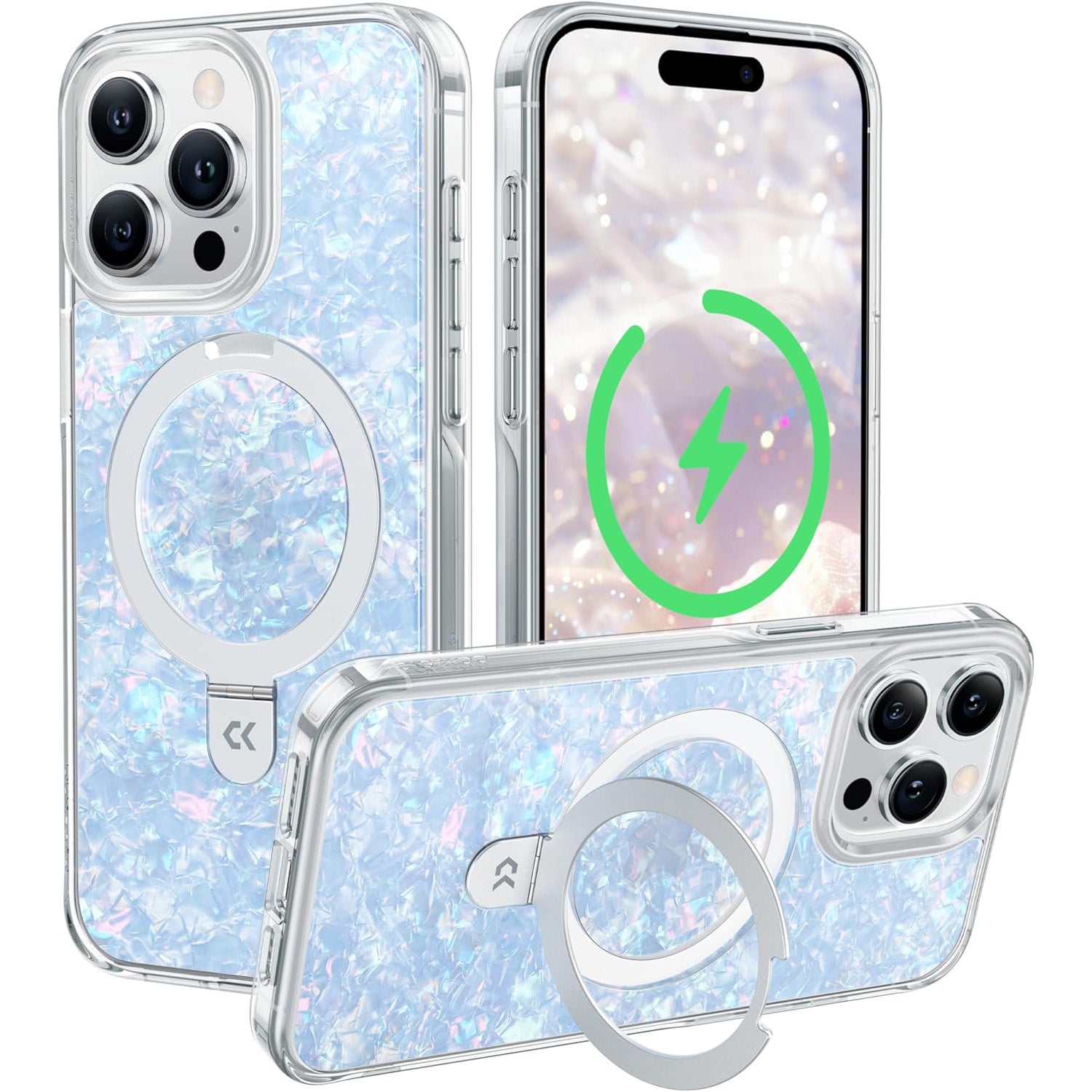 Pearl Shell for iPhone Case with Magnetic Ring Stand [Compatible with Magsafe][12 FT Military Drop Protection] Translucent Slim Phone Cover for Women