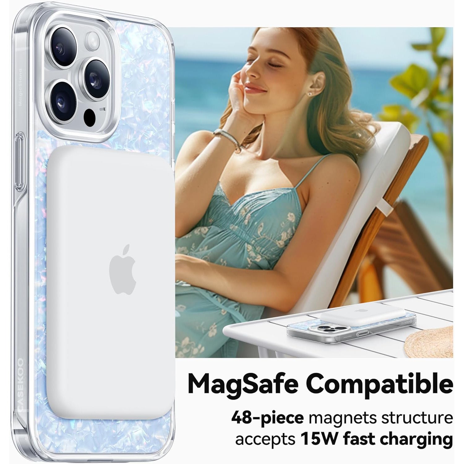 Pearl Shell for iPhone Case with Magnetic Ring Stand [Compatible with Magsafe][12 FT Military Drop Protection] Translucent Slim Phone Cover for Women