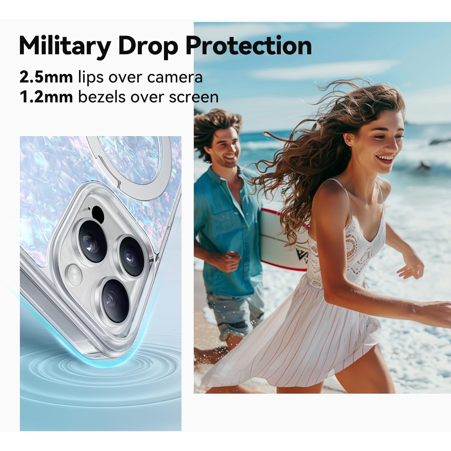 Pearl Shell for iPhone Case with Magnetic Ring Stand [Compatible with Magsafe][12 FT Military Drop Protection] Translucent Slim Phone Cover for Women