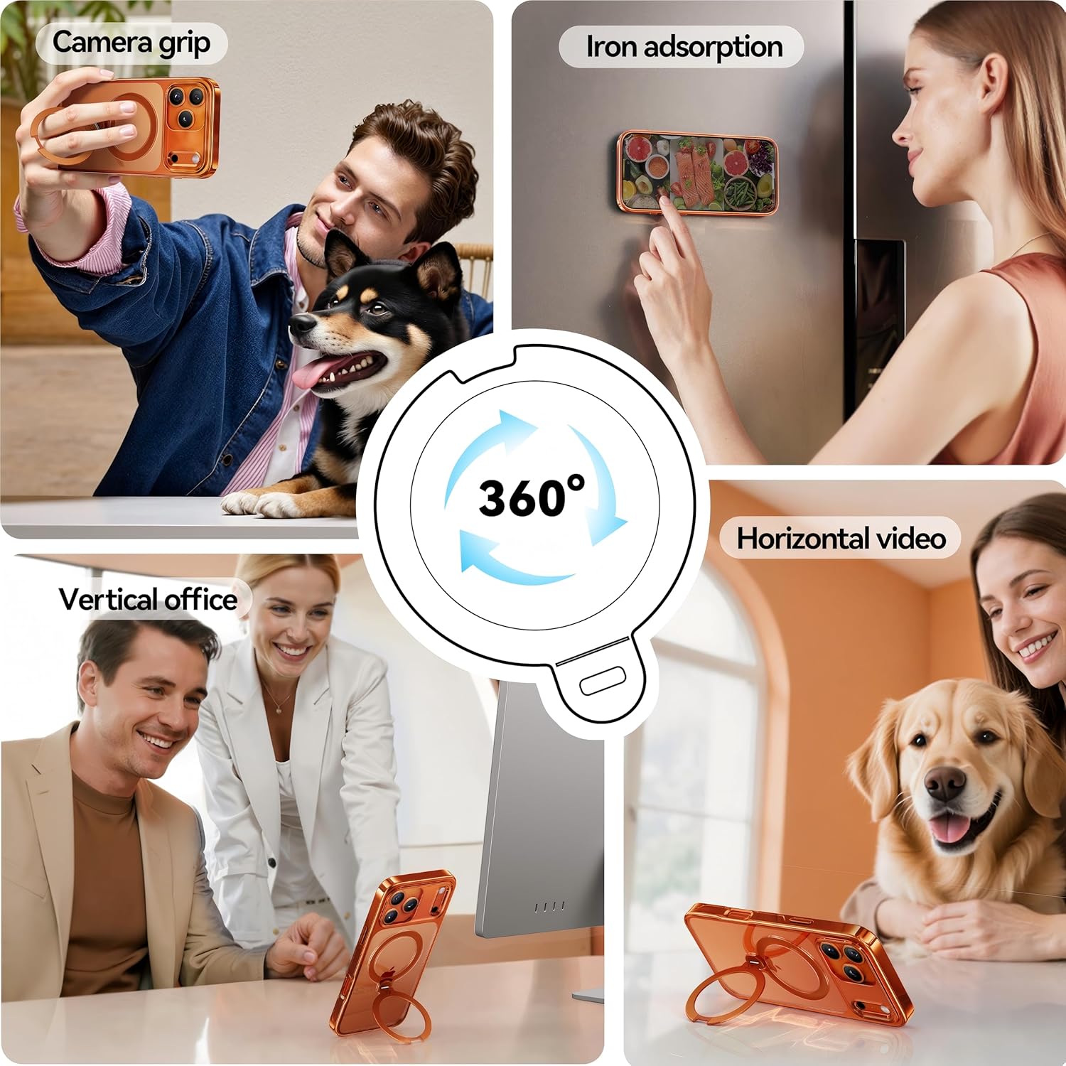 Cosmic Orange Glossy for iPhone Case [360 Spin Magnetic Stand][Fit for MagSafe][17FT Military Protection] Slim Polished Frame Titanium Alloy Sturdy Stand