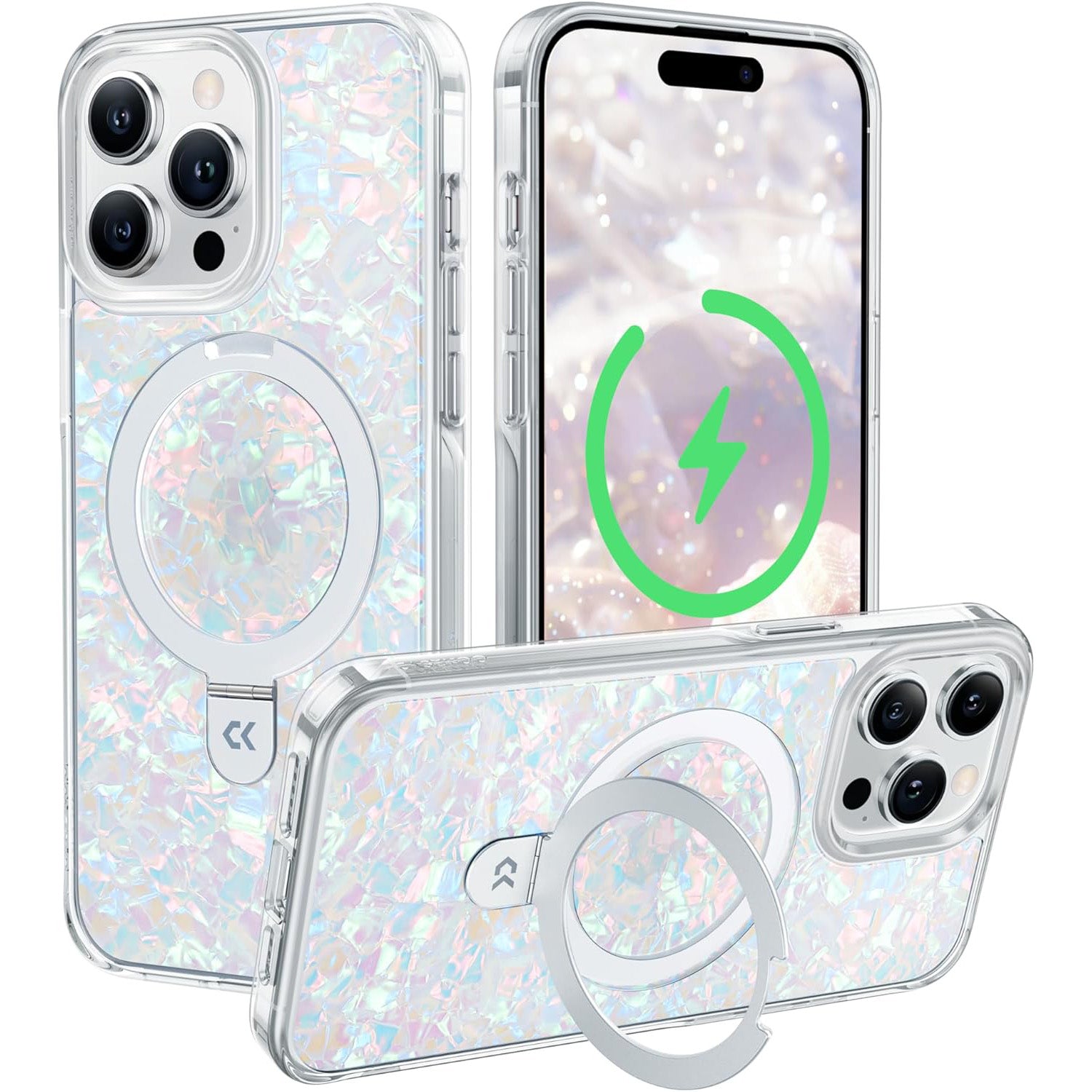 Pearl Shell for iPhone Case with Magnetic Ring Stand [Compatible with Magsafe][12 FT Military Drop Protection] Translucent Slim Phone Cover for Women