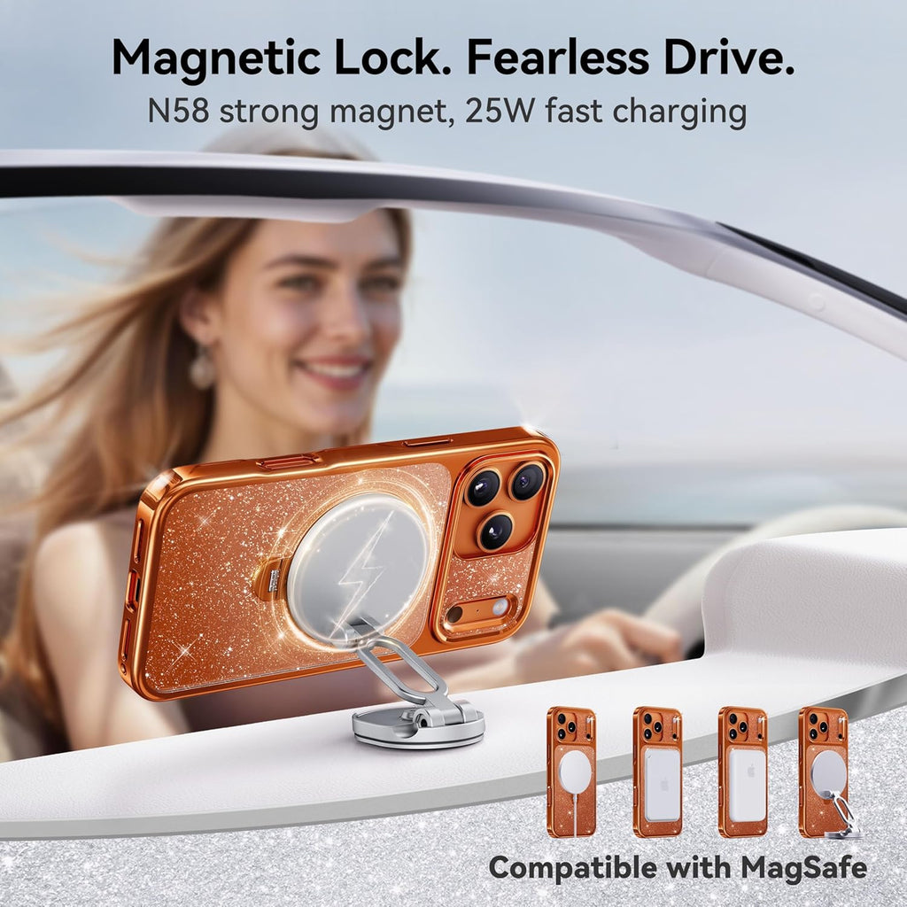 Swarovski Pearlescent Shimmer 360 Spin Magnetic Stand for Glossy Case, Fit for MagSafe, 17FT Drop Protection, Diamond Orange Sparkle