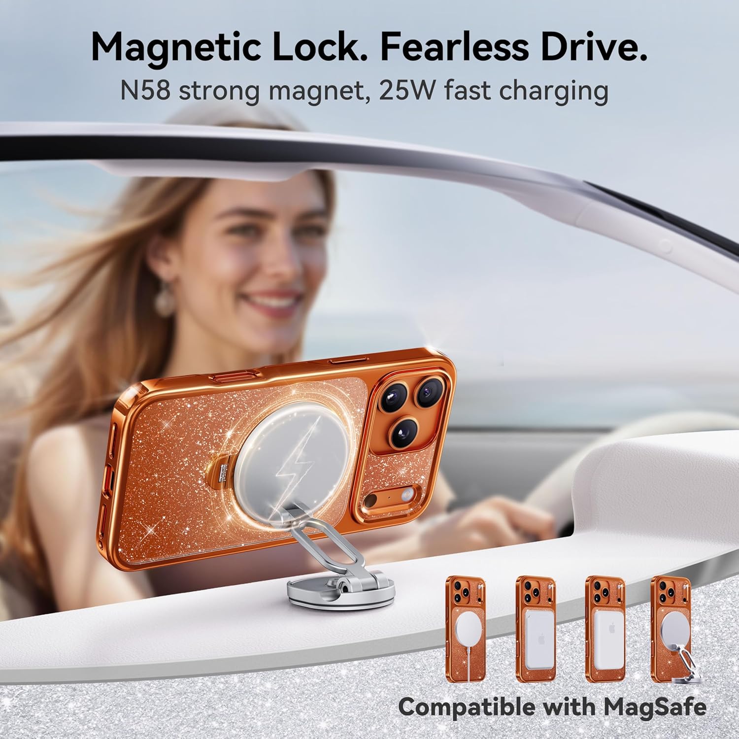 Swarovski Pearlescent Shimmer 360 Spin Magnetic Stand for Glossy Case, Fit for MagSafe, 17FT Drop Protection, Diamond Orange Sparkle