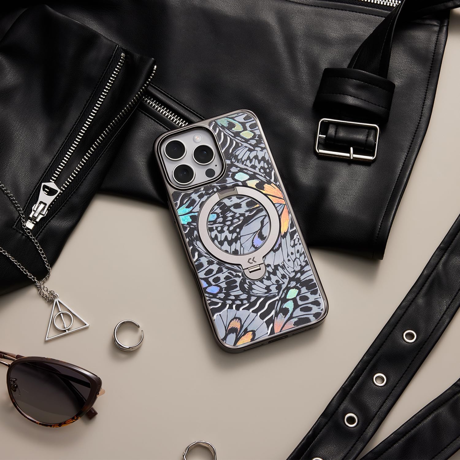 Black Butterfly for iPhone Case with 360° Spin Magnetic Stand [Compatible with MagSafe] [16FT Military Drop Protection]