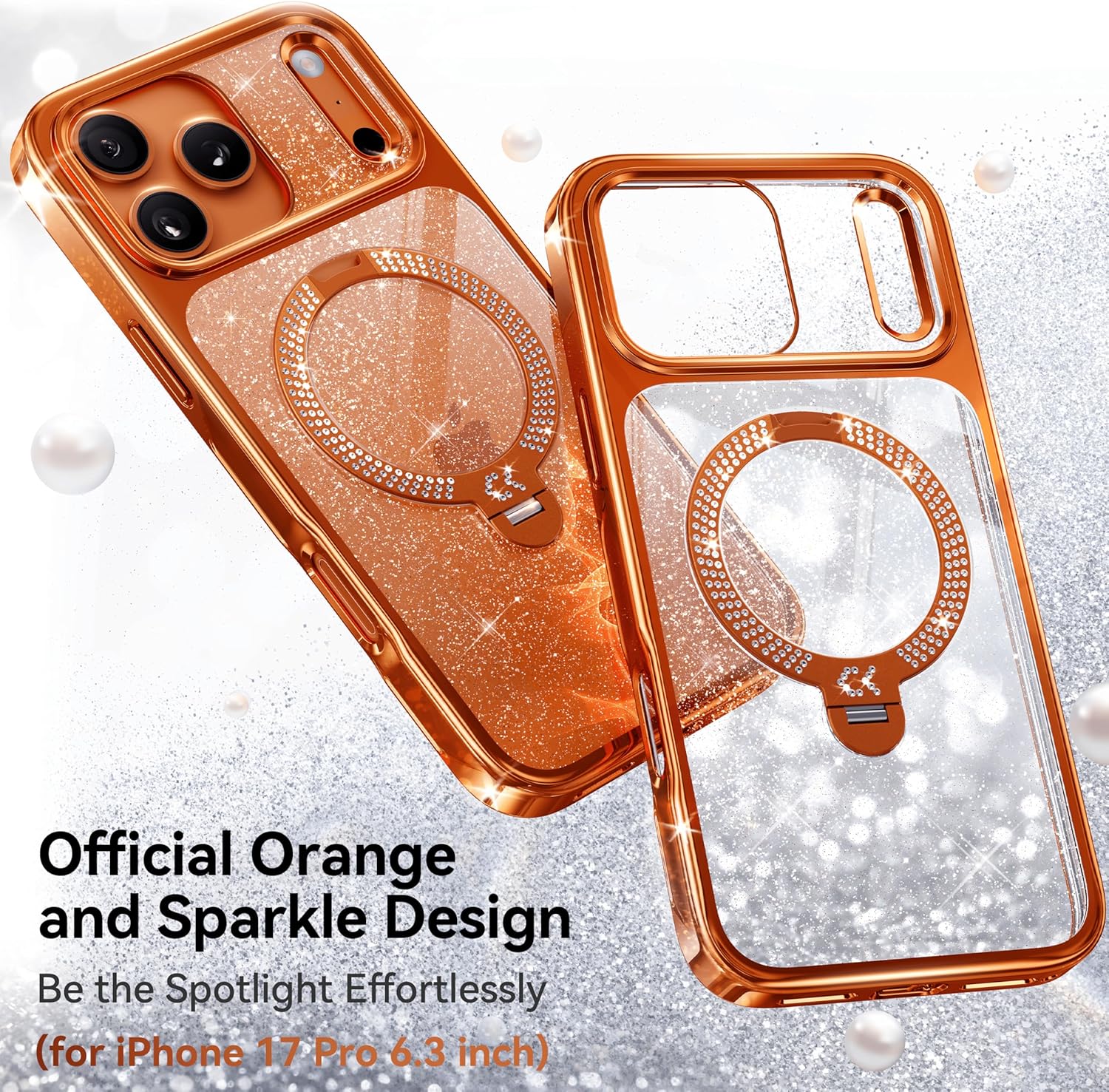 Swarovski Pearlescent Shimmer 360 Spin Magnetic Stand for Glossy Case, Fit for MagSafe, 17FT Drop Protection, Diamond Orange Sparkle