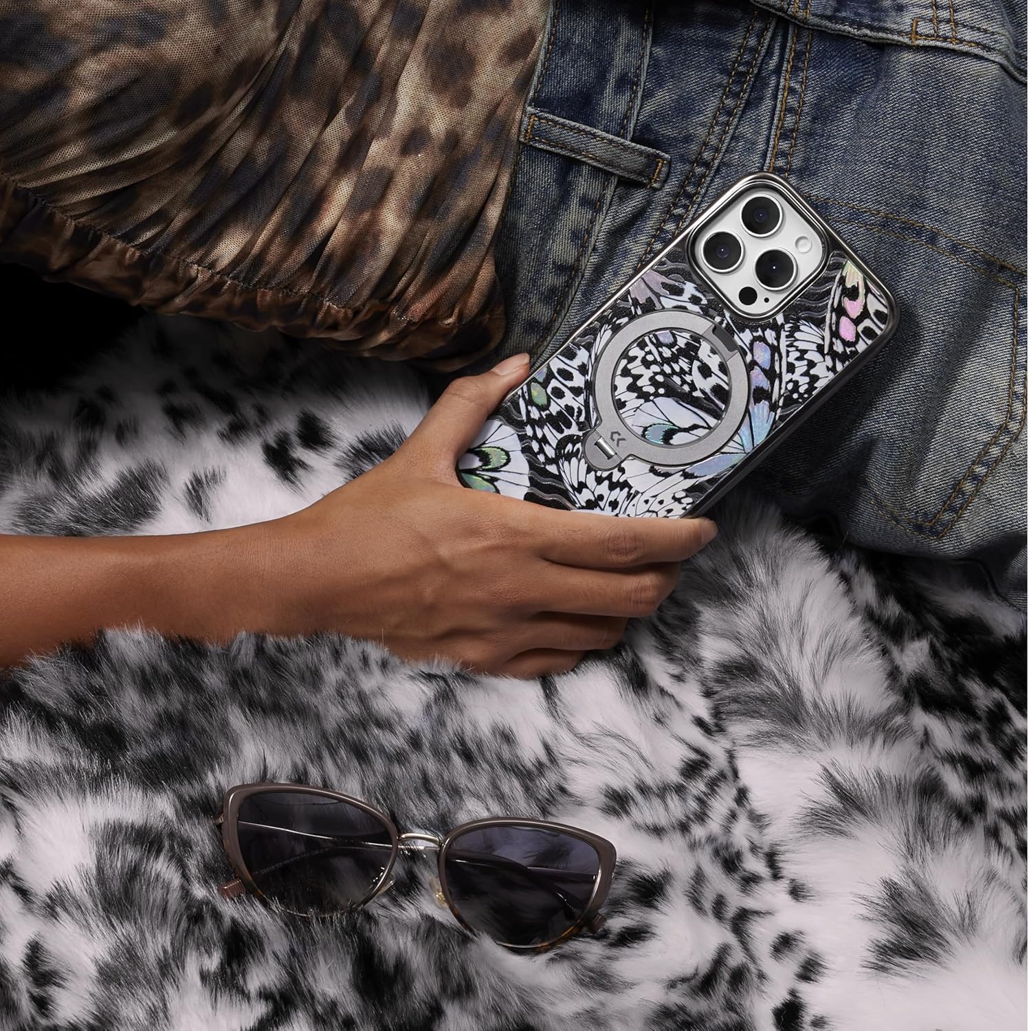 Black Butterfly for iPhone Case with 360° Spin Magnetic Stand [Compatible with MagSafe] [16FT Military Drop Protection]