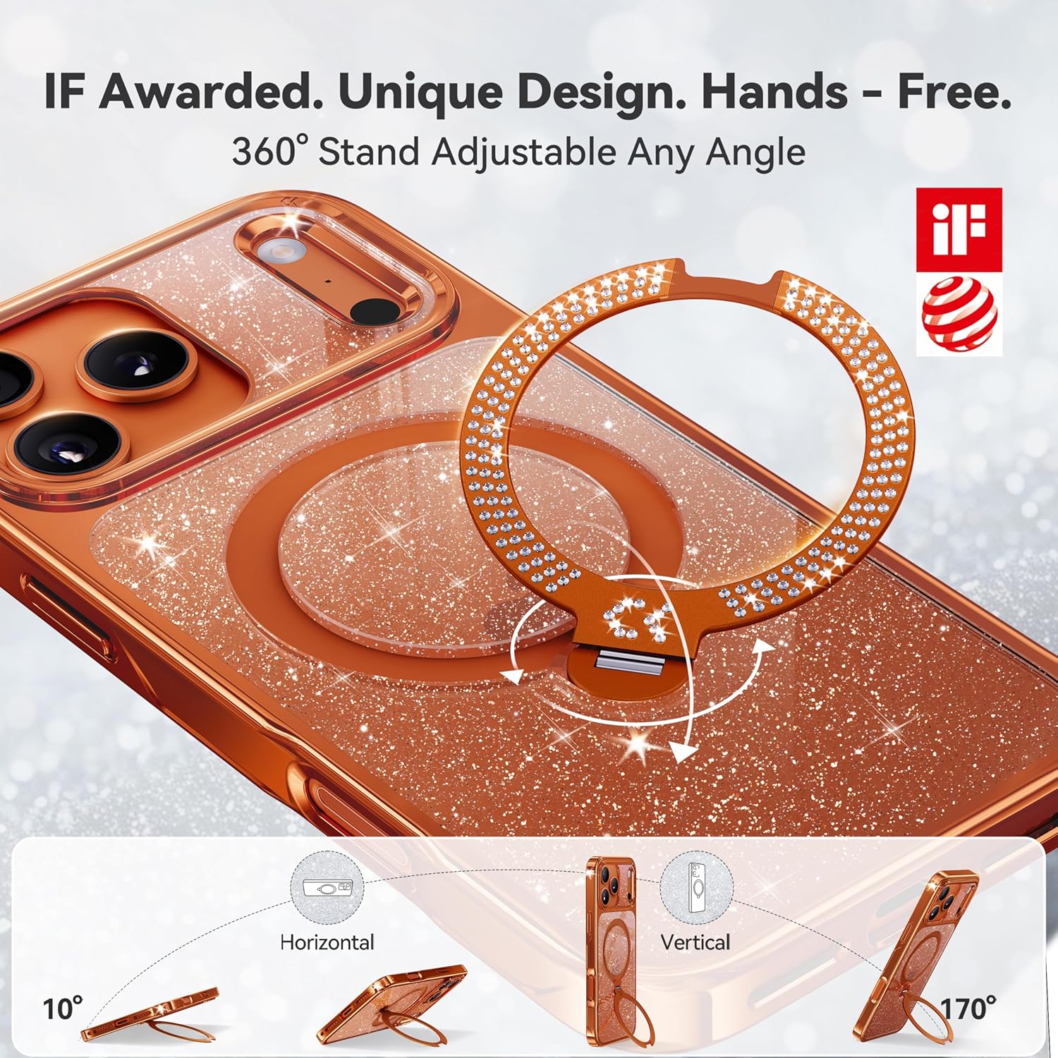 Swarovski Pearlescent Shimmer 360 Spin Magnetic Stand for Glossy Case, Fit for MagSafe, 17FT Drop Protection, Diamond Orange Sparkle