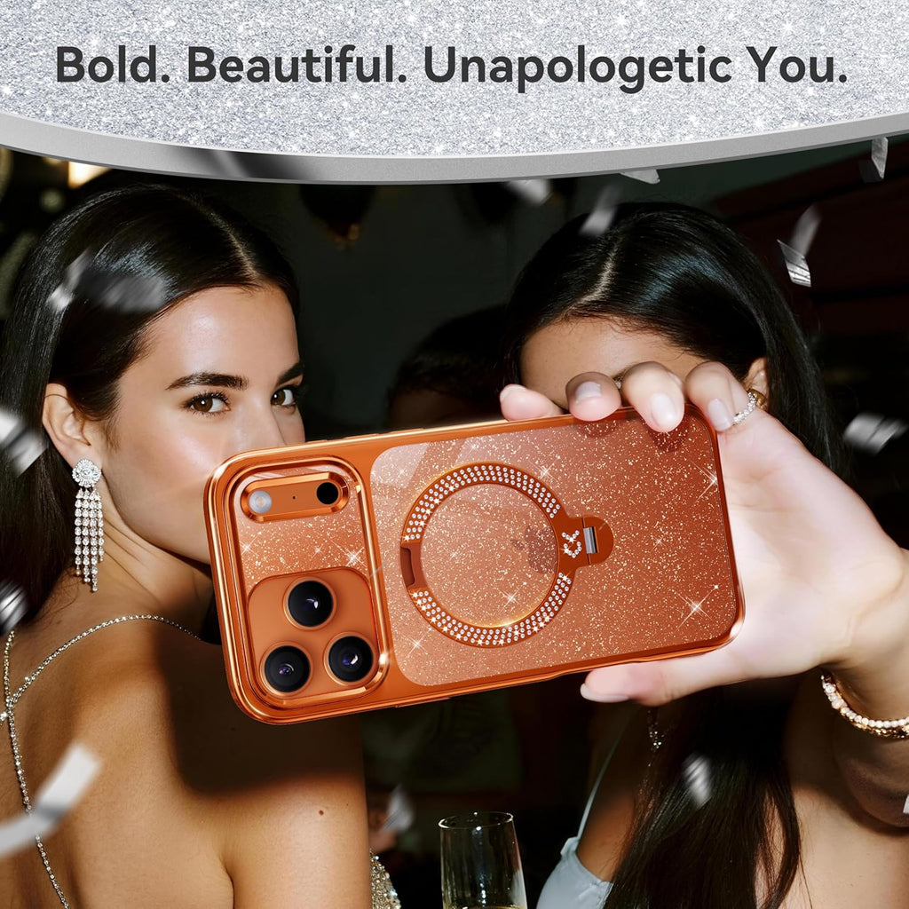 Swarovski Pearlescent Shimmer 360 Spin Magnetic Stand for Glossy Case, Fit for MagSafe, 17FT Drop Protection, Diamond Orange Sparkle