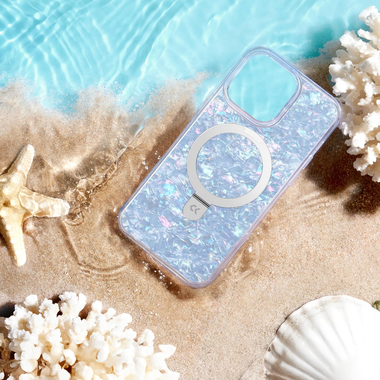 Pearl Shell for iPhone Case with Magnetic Ring Stand [Compatible with Magsafe][12 FT Military Drop Protection] Translucent Slim Phone Cover for Women